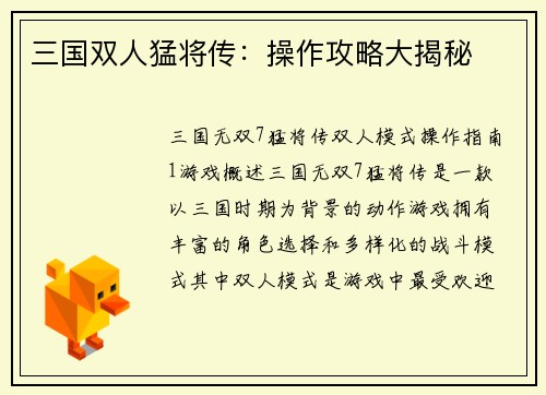 三国双人猛将传：操作攻略大揭秘